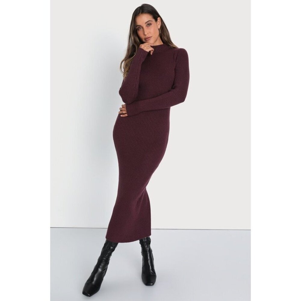 Lulus Autumnal Sensation Plum Purple Ribbed Long Sleeve Sweater Dress - Size M